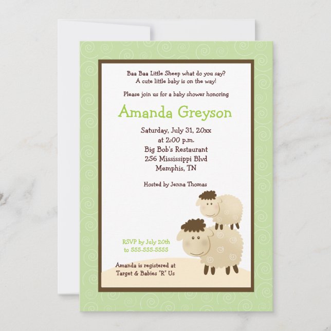 Convites Chá de fraldas Cute Baa Sheep 5x7 Convide Verde (Frente)