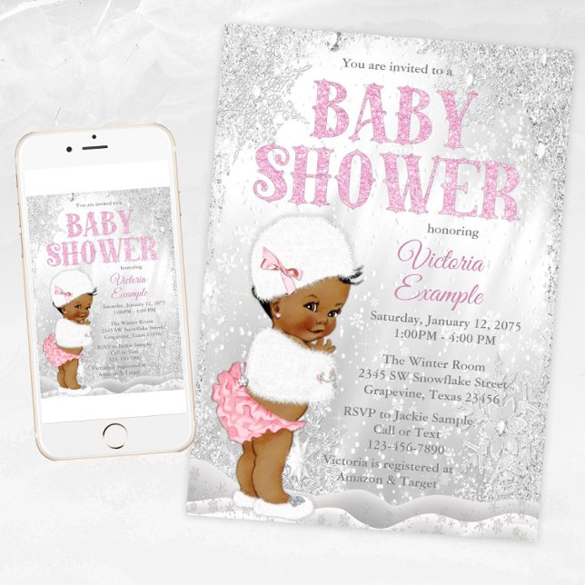 Convites Chá de fraldas da África (Girl winter wonderland baby shower invitation with African baby girl. For instant download & Print.)