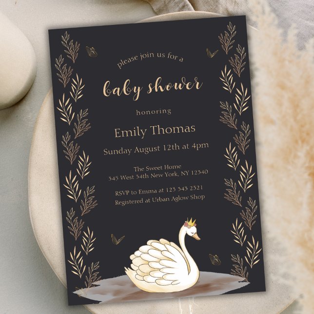 Convites Chá de fraldas da borboleta Swan, princesa Dourada (Black Gold Princess Swan Butterfly Baby Shower Invitation)