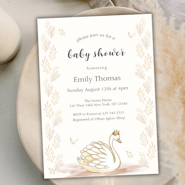 Convites Chá de fraldas da borboleta Swan, Princesa Elegant (Gold Elegant Princess Swan Butterfly Baby Shower Invitation)