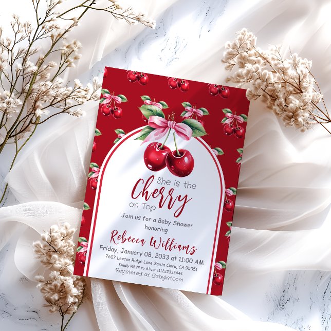 Convites Chá de fraldas da Cherry Red Coquette Arco Girl (Criador carregado)