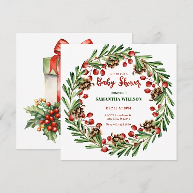 Convites Chá de fraldas da coroa de Natal (Frente/Verso)