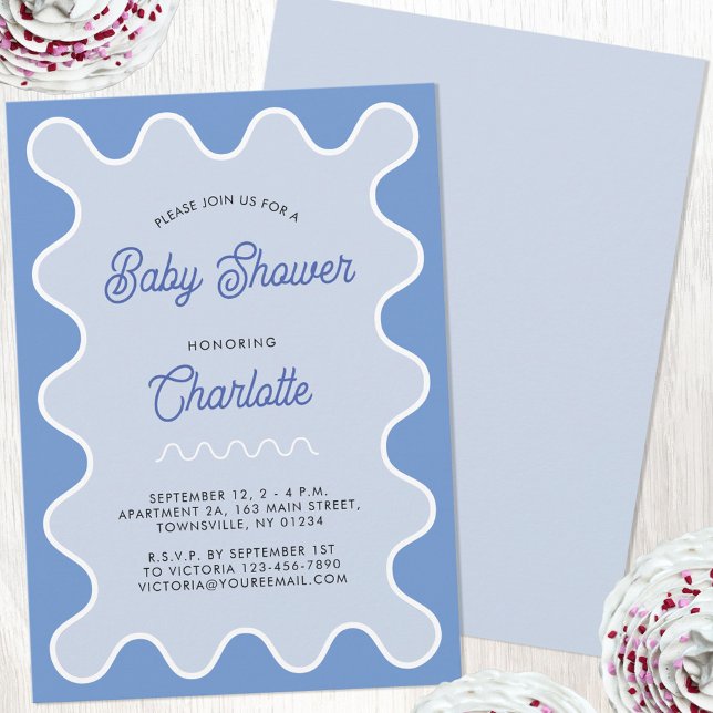 Convites Chá de fraldas da Curva Azul Onda Retroativa (Retro modern wavy curve blue personalized baby shower invitation)