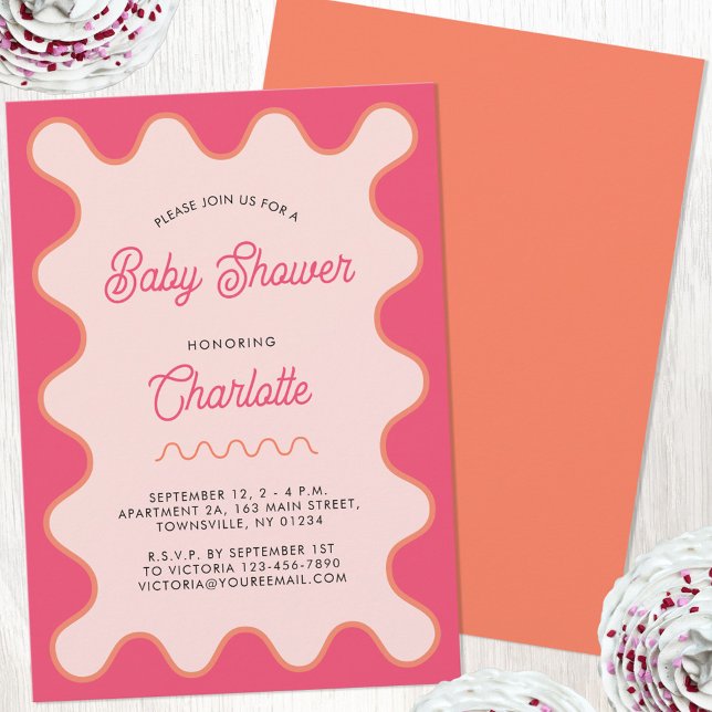 Convites Chá de fraldas da Curva Rosa Onda Retroativa (Retro pink wavy curve modern personalized baby shower invitation)