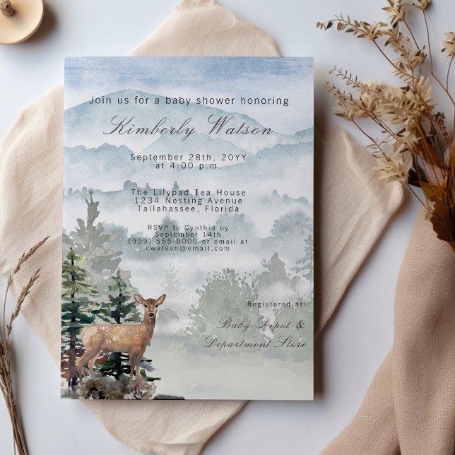 Convites Chá de fraldas da Floresta de Madeira de Aquarela (Watercolor Woodland Forest Doe Baby Shower Invitation)