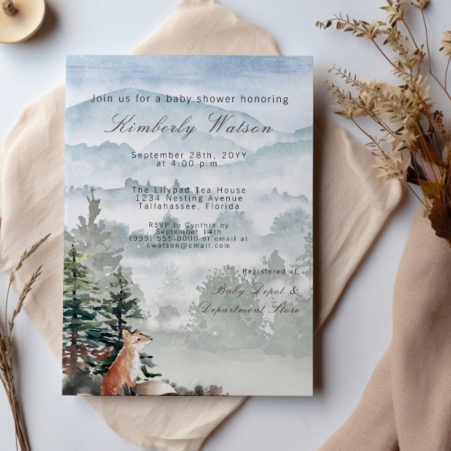 Convites Chá de fraldas da Floresta Florestal da Madeira (Watercolor Woodland Forest Fox Baby Shower Invitation)