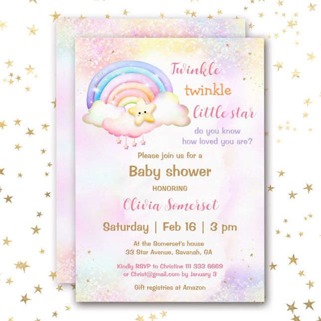 Convites Chá de fraldas da Garota do Arco-Íris de Estrelo B (Twinkle Little Star Rainbow Girl Baby Shower Invitation)