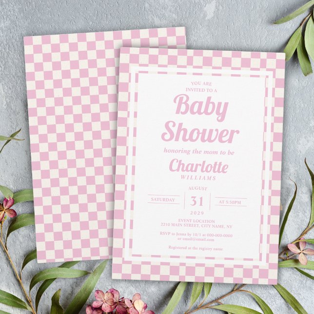Convites Chá de fraldas da Garota-Padrão de Verificação de  (Retro Pink Pastel Check Pattern Girl Baby Shower Invitation
)