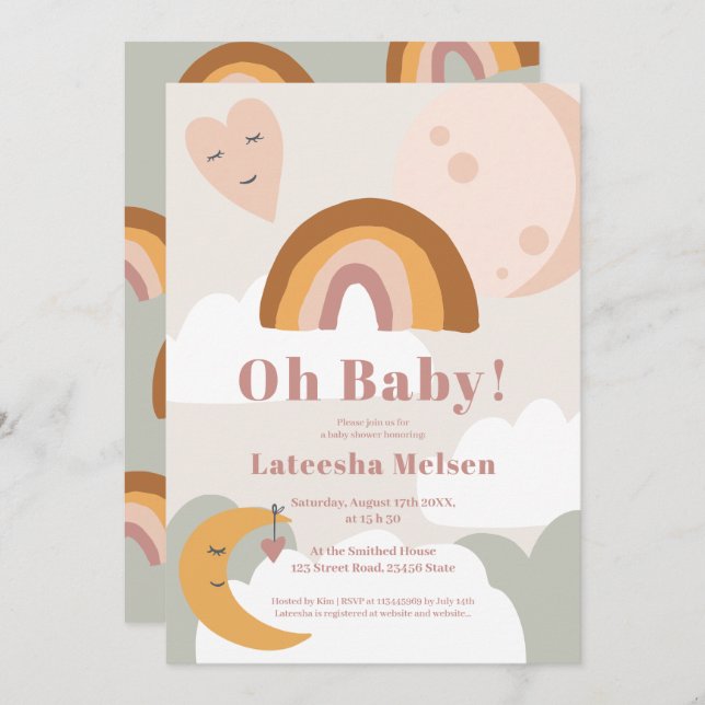 Convites Chá de fraldas da lua arco-íris Boho retro terraco (Frente/Verso)