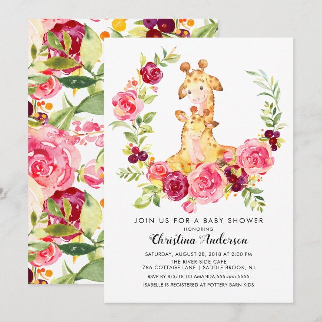 Convites Chá de fraldas da Mãe e Bebê Girafa (Frente/Verso)