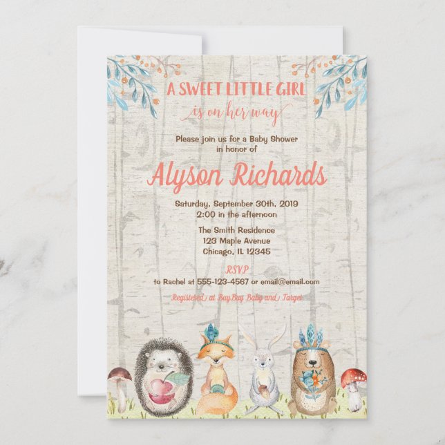 Convites Chá de fraldas da menina da floresta dos amigos (Frente)