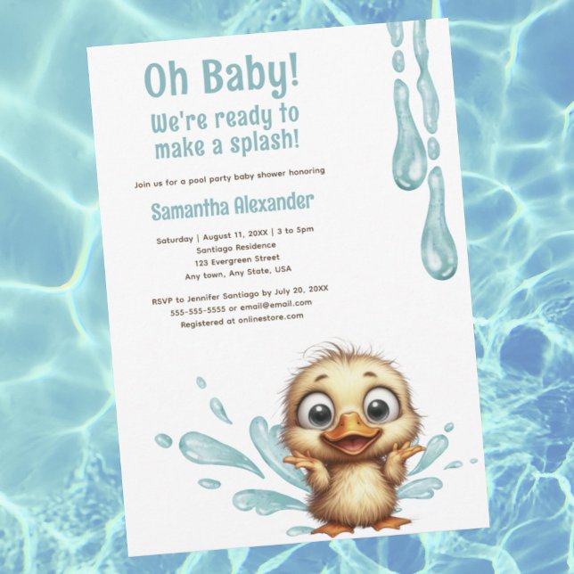 Convites chá de fraldas da Parte piscina (Oh Baby! Pool party baby shower invitation.  Cute baby duck making a splash.  Pool party theme.)