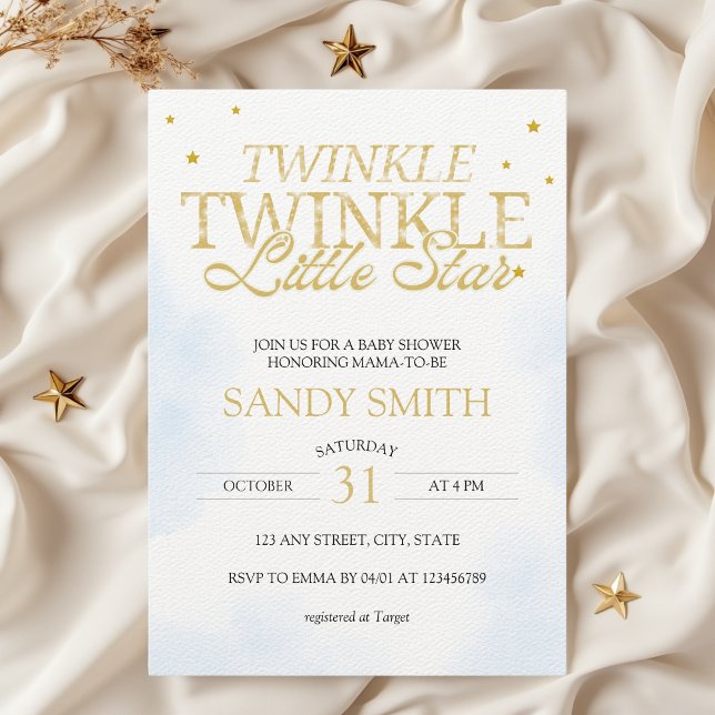 Convites Chá de fraldas da Pequena Estrela Torre (Twinkle Twinkle Little Star Baby Shower Invitation Celestial Star Moons Gold)