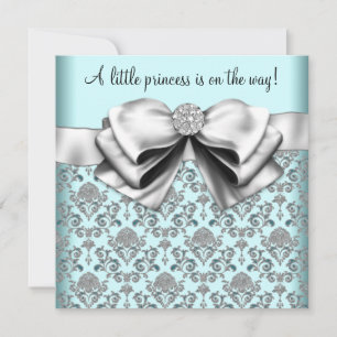 Convites Chá de fraldas da Princesa Black Teal Blue Damask