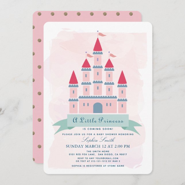 Convites Chá de fraldas da Princesa do Castelo Rosa (Frente/Verso)
