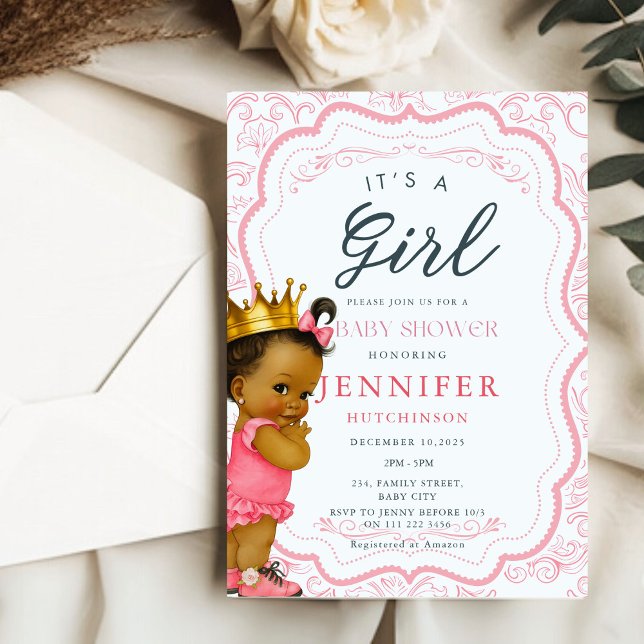 Convites Chá de fraldas da Princesa Namorada Africana (African American Baby Girl Princess Baby Shower Invitation)