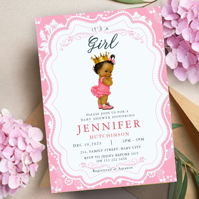 Convites Chá de fraldas da Princesa Namorada Africana (African American Baby Girl Princess Baby Shower Invitation)