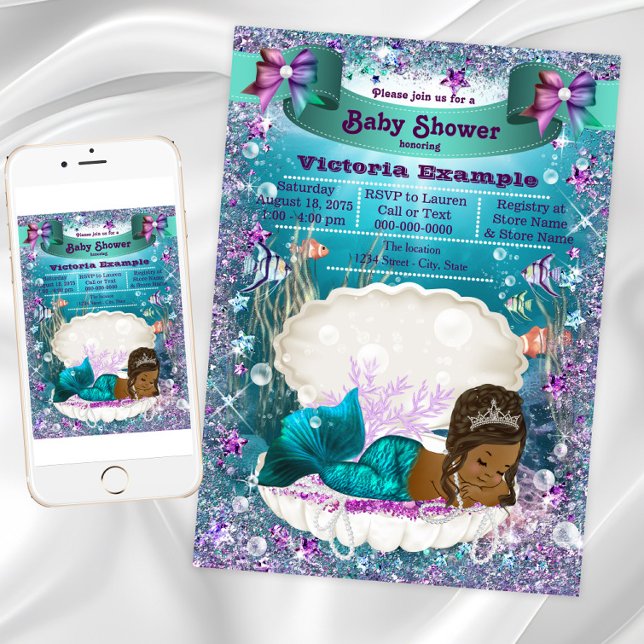 Convites Chá de fraldas da Princesa Sereia Afro-Americana (African American Mermaid Princess Baby Shower Invitation. Instant download & printed invitations.)