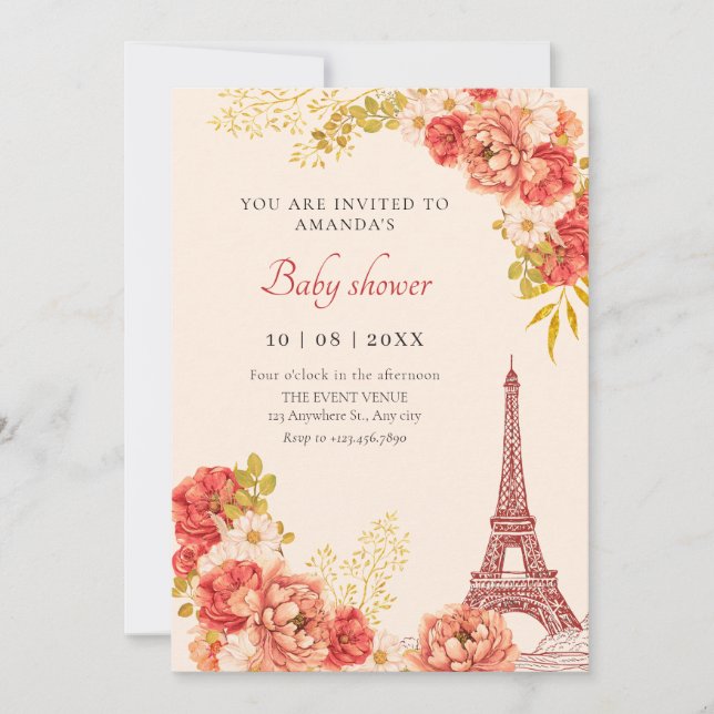 Convites Chá de fraldas da torre Floral Paris Eiffel (Frente)