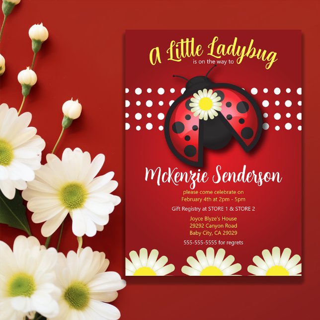 Convites Chá de fraldas Daisy Ladybug - Tema Vermelho e Neg (Daisy Ladybug Baby Shower – Red and Black Theme Invitation)