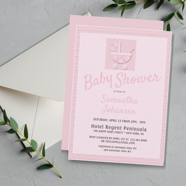 Convites Chá de fraldas das Carruagems de Bebê Rosa-Cor-de- (Cute Pink Baby Carriage Baby Shower Invitation)