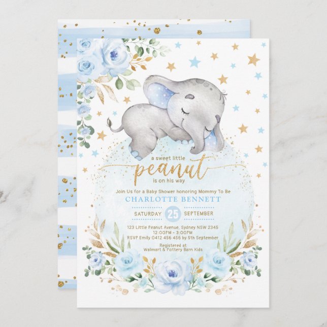 Convites Chá de fraldas das Estrelas da Lua Dourada Azul (Frente/Verso)