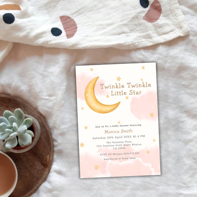 Convites Chá de fraldas das Estrelas da Lua Twinkle (Twinkle Twinkle Moon Stars Girl Baby Shower Invitation)