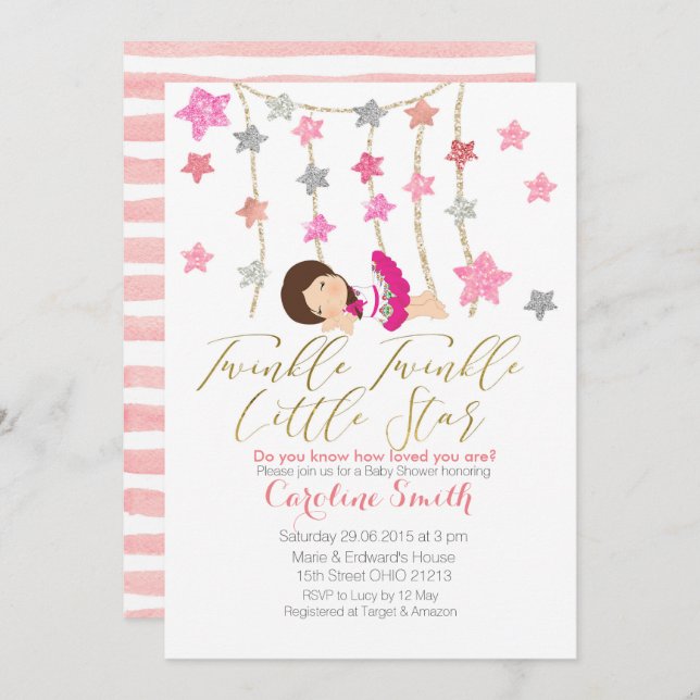Convites Chá de fraldas das Estrelas Rosa (Frente/Verso)