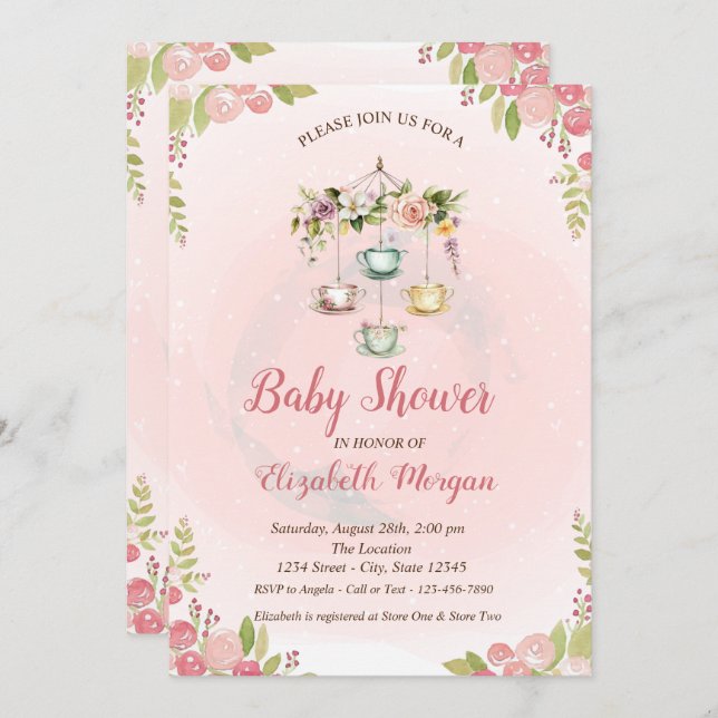 Convites Chá de fraldas das Flores de Mola de Chaleira Boni (Frente/Verso)