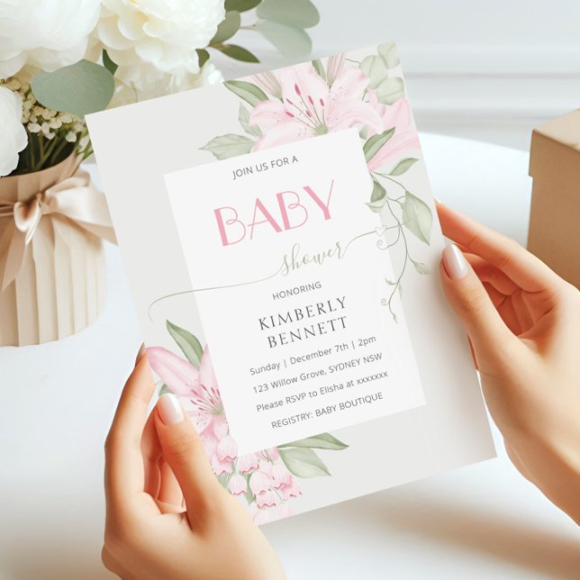 Convites Chá de fraldas das Folhas Lily Verde Rosa Moderna (Criador carregado)