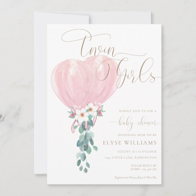 Convites Chá de fraldas das Garotas Gêmeas do Balão Rosa (Frente)