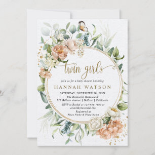 Convites Chá de fraldas das Garotas Gêmeas Eucalyptus Rosa-