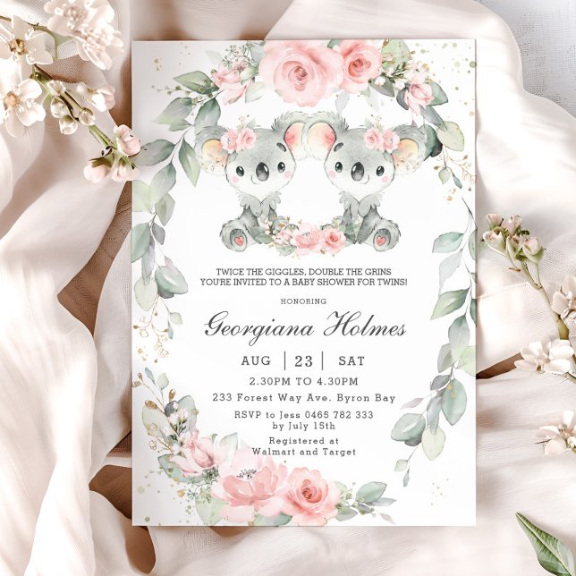 Convites Chá de fraldas das Garotas Gêmeas Florais Rosa-Ros (twins girls koala bears blush pink floral sage greenery wreath baby shower invitation cards digital)