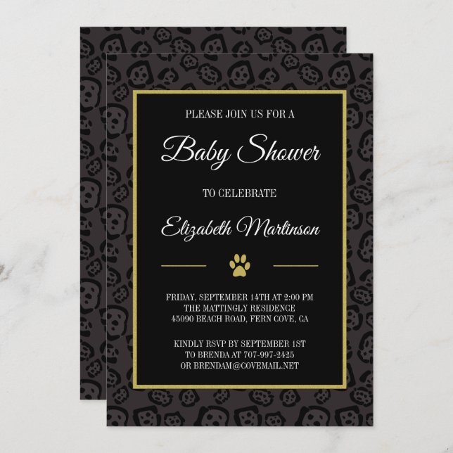 Convites Chá de fraldas das manchas de Jaguar preto elegant (Frente/Verso)