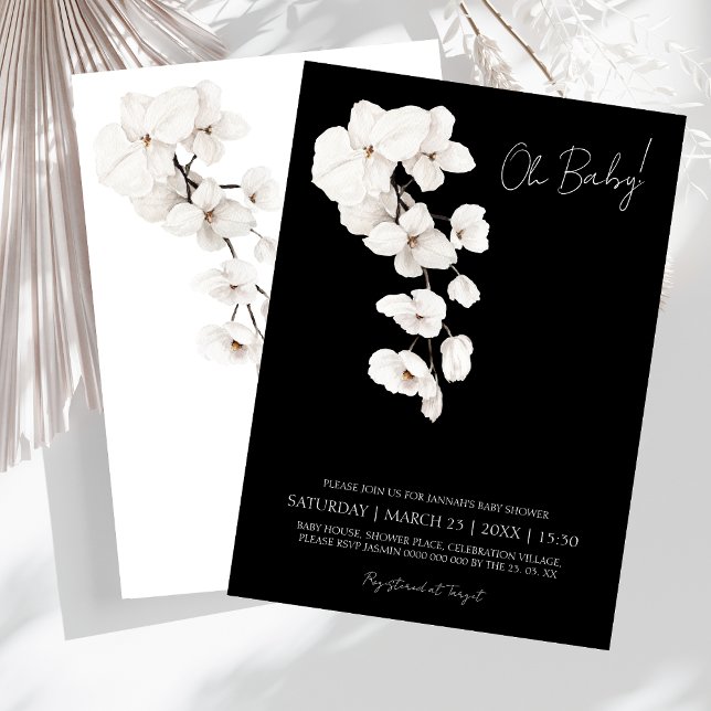 Convites Chá de fraldas das Orquídeas Negras e Brancas (Oh Baby! Modern Black and White Orchids Flowers Baby Shower Invitation)
