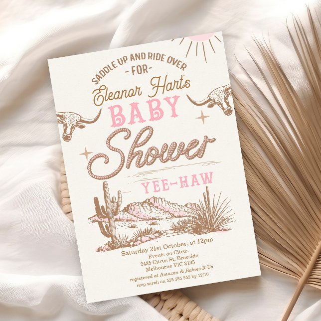 Convites Chá de fraldas das raparigas ocidentais ocidentais (Editable Cowgirl Baby Shower Invitation Vintage  Little Cowgirl Wild West Invite Rodeo Desert)