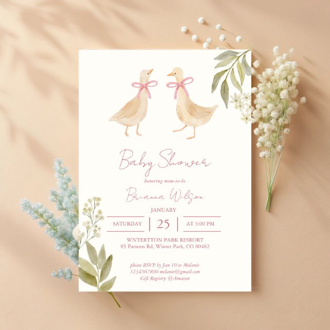 Convites Chá de fraldas das rimas de creche de ganso rosa (Pink Goose nursery rhymes twins baby shower Invitation cards template)