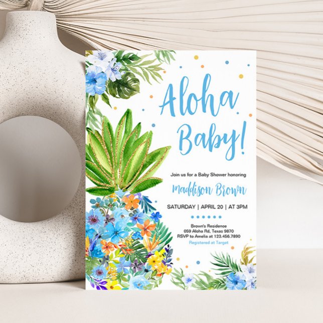 Convites Chá de fraldas de abacaxi azul (Blue Gold Pineapple Baby Shower Invitation)