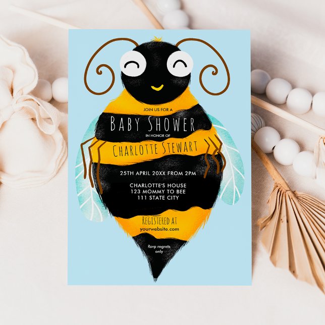 Convites Chá de fraldas de abelha preto-de-laranja-acastanh (Cute orange black stripes bumble bee baby shower invitation)