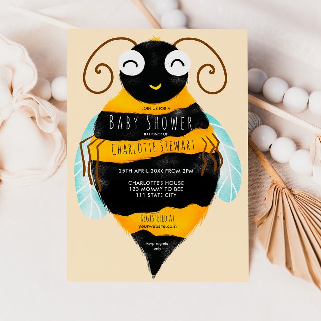 Convites Chá de fraldas de abelhão de laranja-acastanhado (Cute orange black stripes bumble bee baby shower invitation)