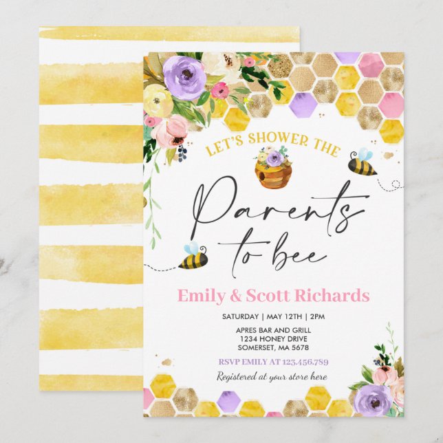 Convites Chá de fraldas De Abelhas Pais Florais Rosa Para S (Frente/Verso)