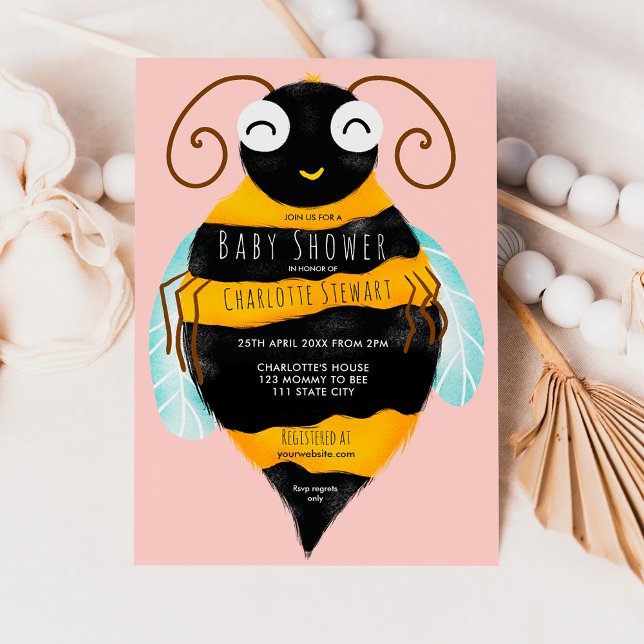 Convites Chá de fraldas de abelhinha de listras negras, de  (Cute orange black stripes bumble bee baby shower invitation)