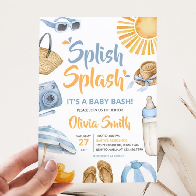 Convites Chá de fraldas de abertura azul (Boy Summer Beach Baby Shower Invitation)