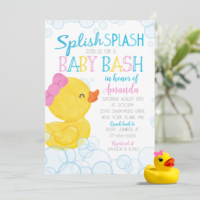 Convites Chá de fraldas de abertura do pato de borracha (Splish Splash Watercolor Girl Rubber Duck Baby Shower Invitations)