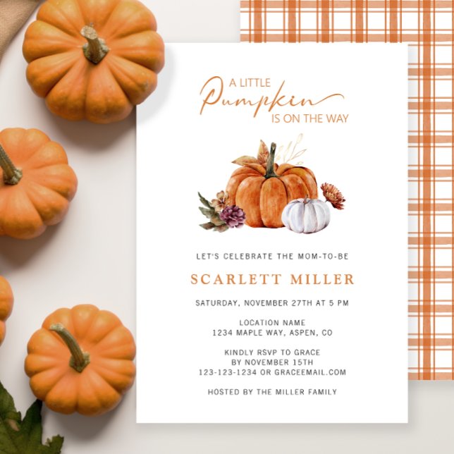 Convites Chá de fraldas de Abóbora (A Little Pumpkin Is On The Way Baby Shower Invitation Fall Autumn Watercolor Floral)
