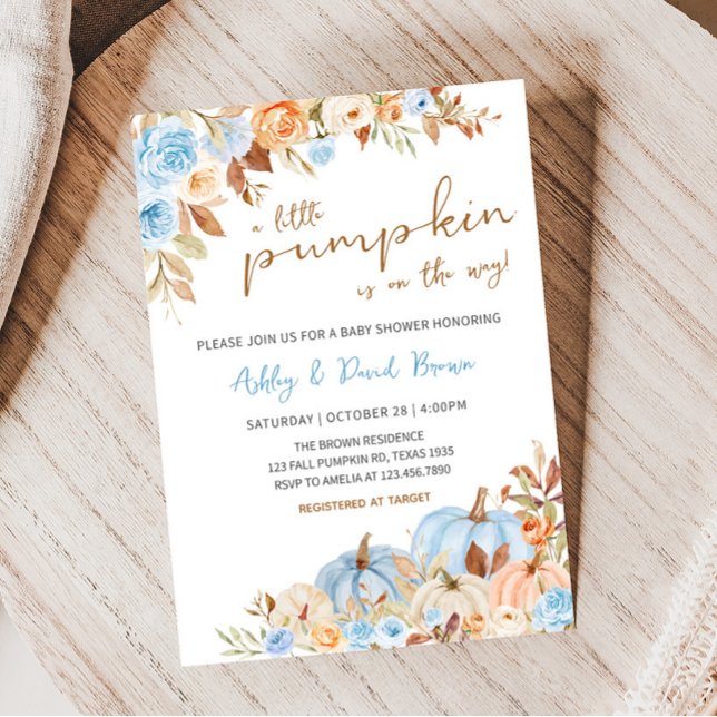Convites Chá de fraldas de Abóbora Azul (Blue Fall Floral Baby Shower Invitation)