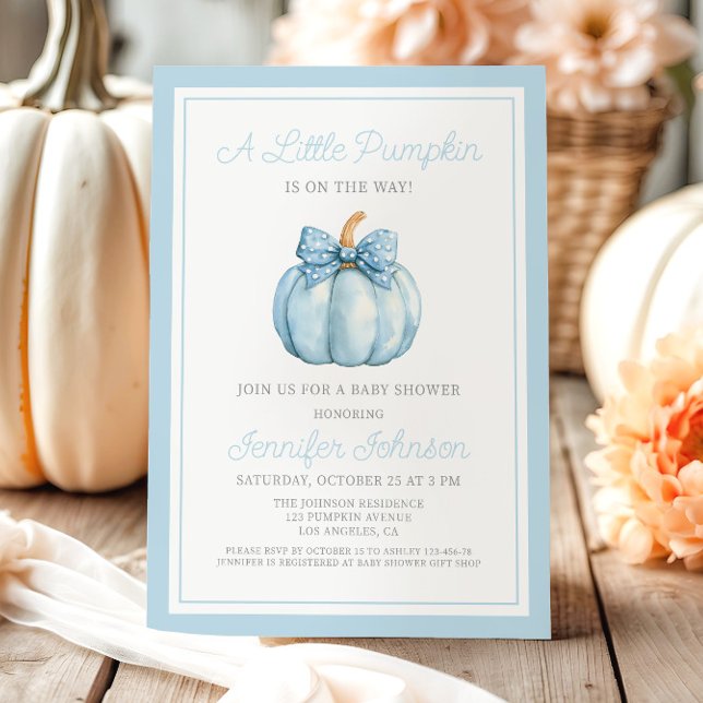 Convites Chá de fraldas de abóbora azul (Cute Blue Little Pumpkin Boy Baby Shower Invitation)
