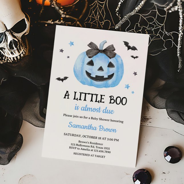 Convites Chá de fraldas de Abóbora Azul (Blue Little Boo Spooky Pumpkin Baby Shower Invitation )