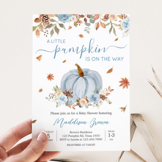 Convites Chá de fraldas de Abóbora Azul (Blue Autumn Leaves Little Pumpkin Baby Shower Invitation)