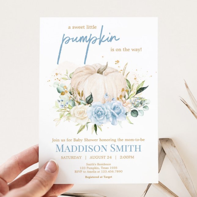 Convites Chá de fraldas de abóbora azul-doce (Sweet Floral Little Pumpkin Baby Shower Invitation
)